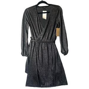 Halogen Dress Womens S Black Sparkly Faux Wrap Drape Long‎ Sleeves Dress NEW
